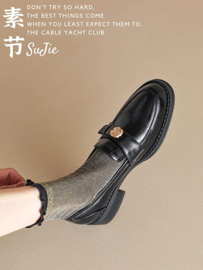 粗跟 低跟 圆头 低帮 一脚蹬 深口鞋 皮革 