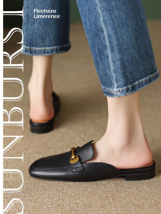 低跟 圆头 一脚蹬 皮革 