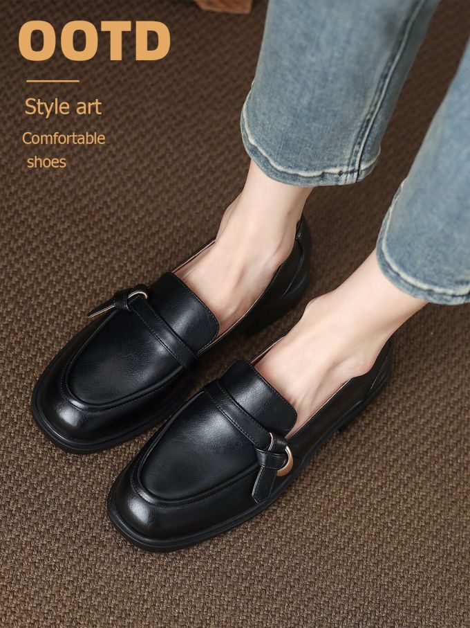 圆头 低帮 一脚蹬 深口鞋 皮革 