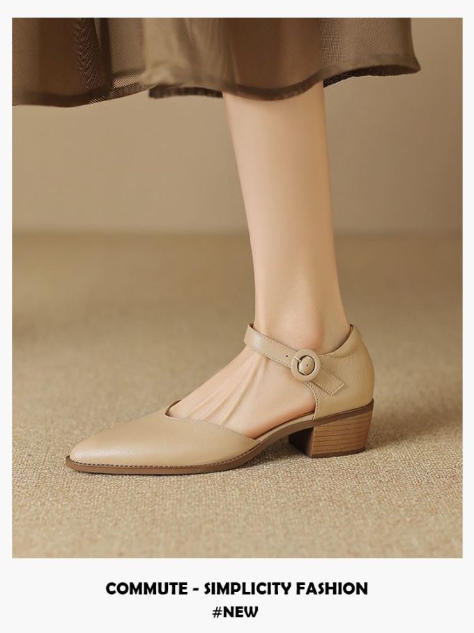 粗跟 中跟 尖头 低帮 袢扣 中口鞋 皮革 