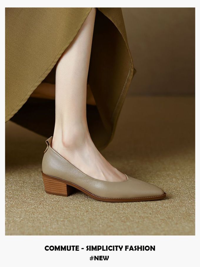 粗跟 中跟 尖头 低帮 一脚蹬 浅口鞋 皮革 