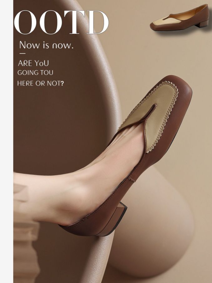 粗跟 低跟 方头 低帮 一脚蹬 浅口鞋 皮革 