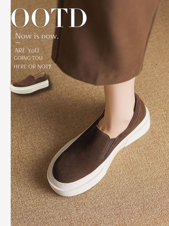 平底 圆头 低帮 一脚蹬 深口鞋 皮革 