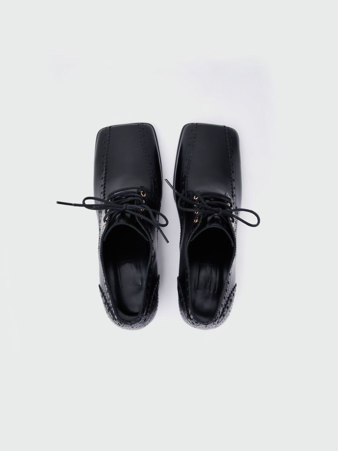 方头 系带 深口鞋 皮革 