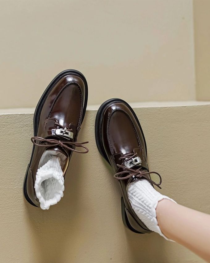 圆头 低帮 系带 深口鞋 皮革 