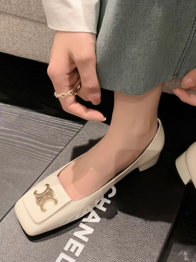 粗跟 低跟 方头 低帮 一脚蹬 浅口鞋 皮革 