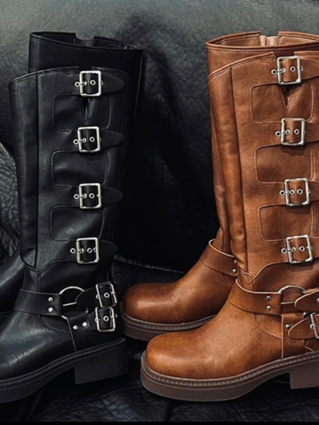 粗跟 低跟 圆头 拉链 袢扣 中筒 皮革  - VALI鞋履AI设计主图