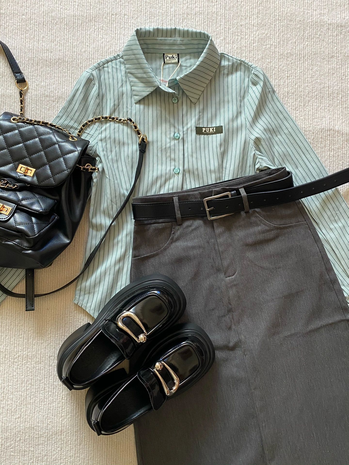 棉麻 衬衫领 条纹/波纹 海青灰色 鸭蛋青 青铜色 基础扣饰  - VALI鞋履AI设计主图