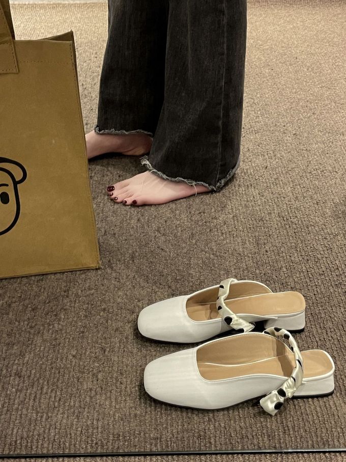 低跟 方头 松紧带 皮革 