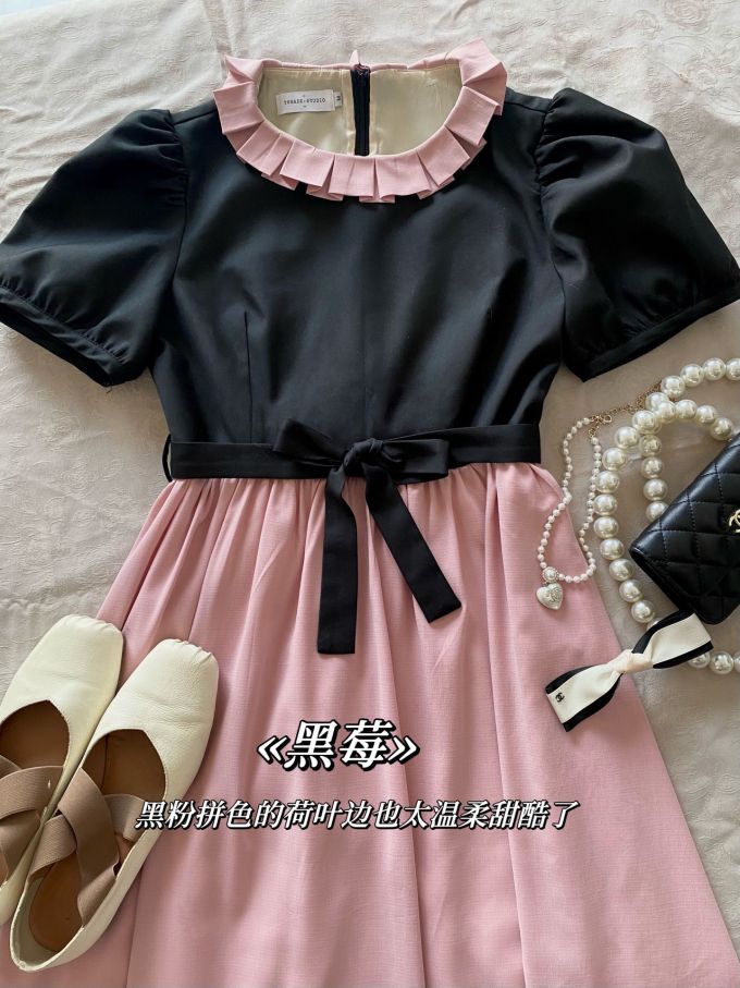 X型 圆形领 撞色/渐变 打结-扭结 抽褶 边缘装饰 蓝黑色 浅珊瑚粉 成品腰带 