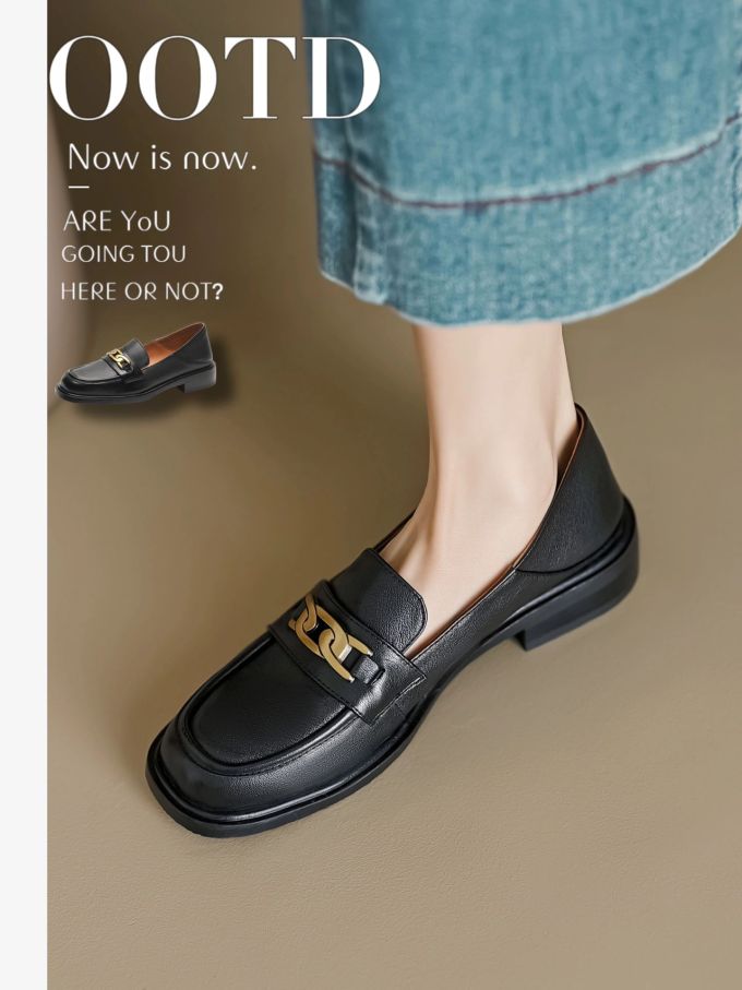 粗跟 低跟 方头 低帮 一脚蹬 深口鞋 皮革 