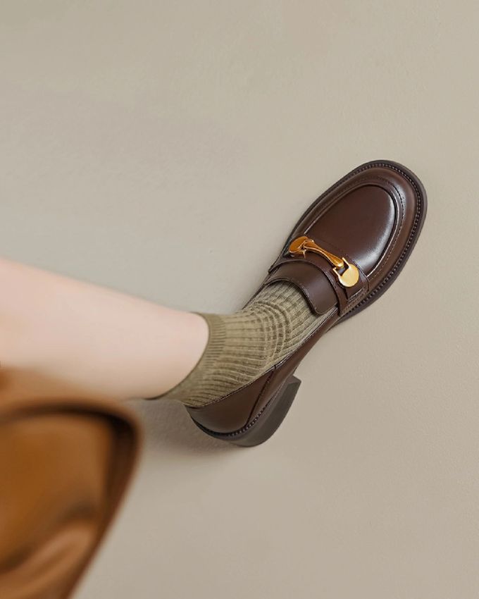 粗跟 低跟 圆头 低帮 一脚蹬 深口鞋 皮革 