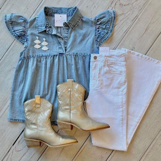 牛仔面料 A型 衬衫领 抽褶 荷叶边 洗水 暗灰蓝色 空气蓝 基础扣饰 