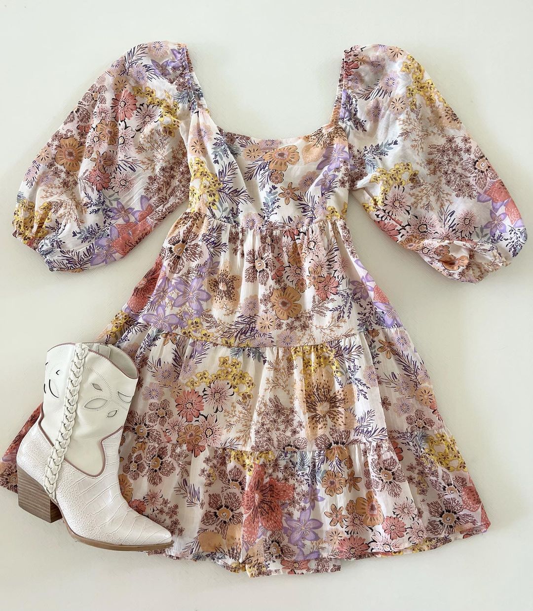 雪纺 X型 方形领 植物/花卉 抽褶 打揽 印花 灰泥色  - VALI鞋履AI设计主图