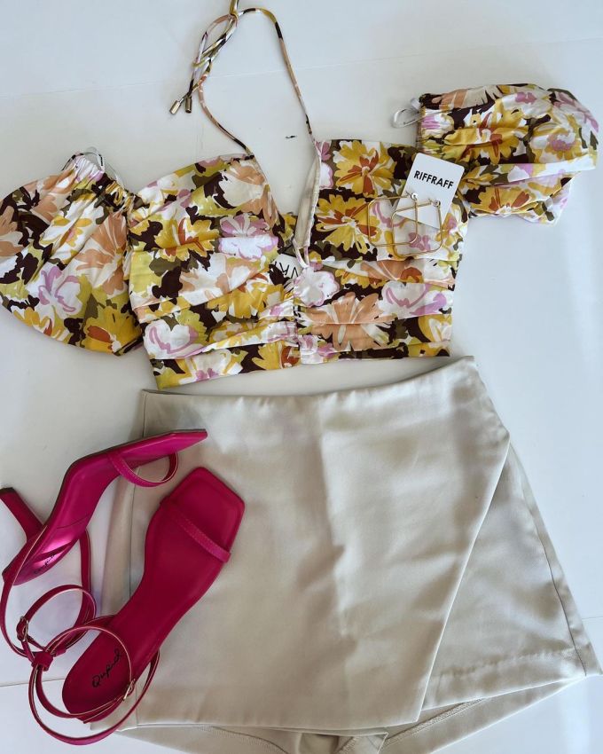 截短型 V领 植物/花卉 印花 暗土褐色 青黄褐色 