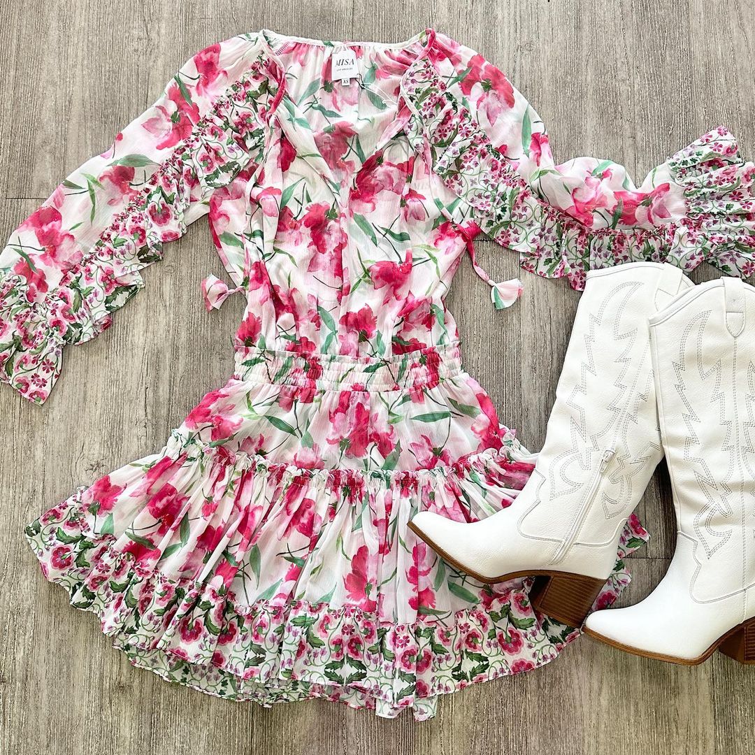 雪纺 X型 圆形领 植物/花卉 抽褶 荷叶边 打揽 印花 炽白 宫廷  - VALI鞋履AI设计主图