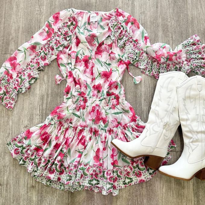 雪纺 X型 圆形领 植物/花卉 抽褶 荷叶边 打揽 印花 炽白 宫廷 