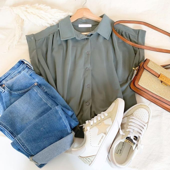 雪纺 衬衫领 抽褶 夜雾色 烟熏橄榄色 基础扣饰 