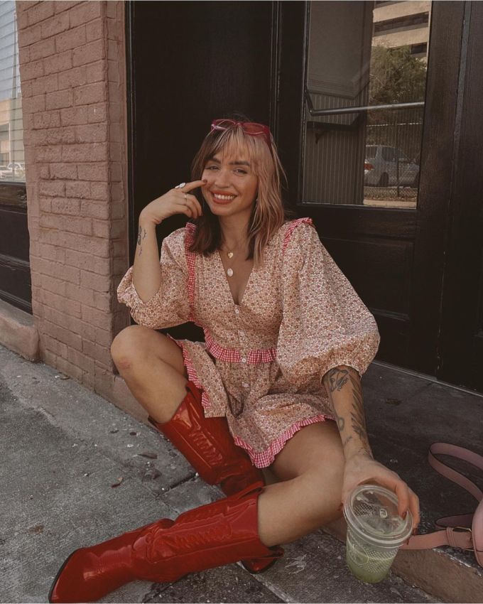 雪纺 X型 V领 碎花 荷叶边 印花 丁香棕 灰泥色 角豆果色 