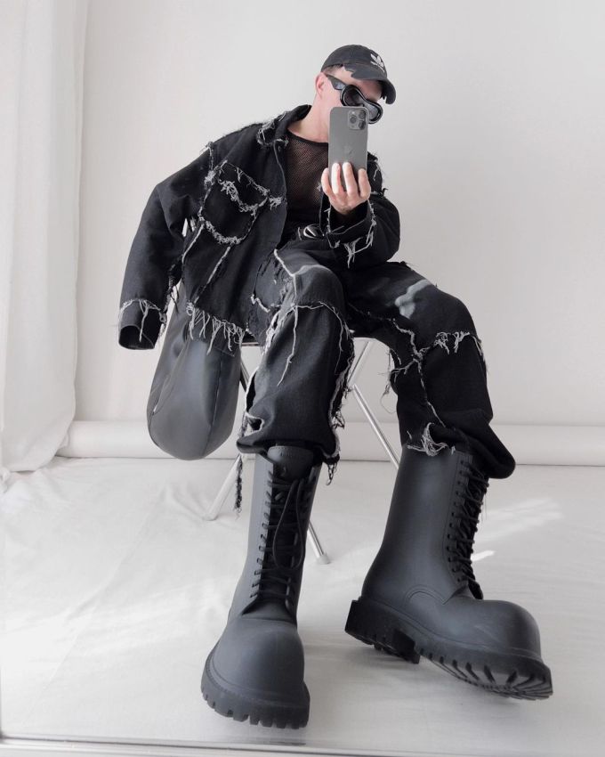 牛仔面料 H型 翻领 毛边 夜空色 前卫 