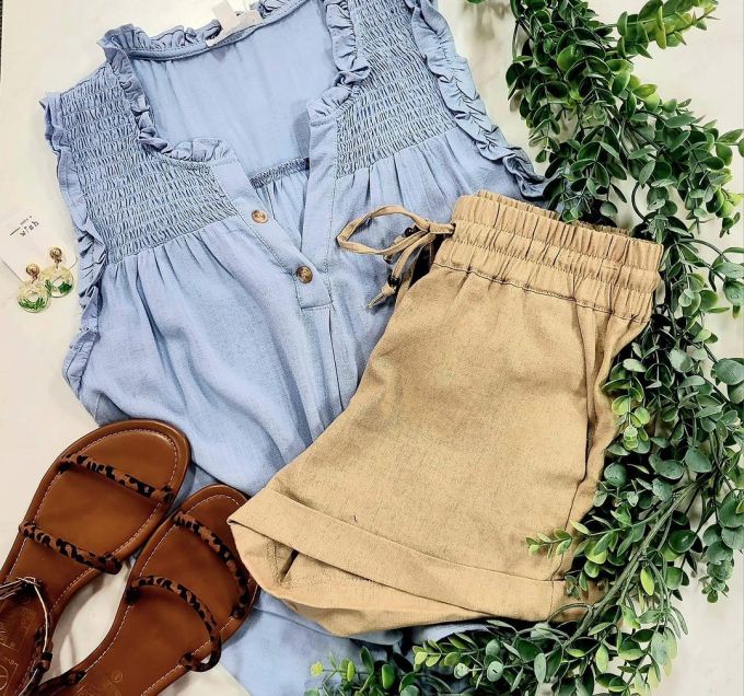 棉麻 V领 抽褶 荷叶边 打揽 暗淡蓝 基础扣饰 