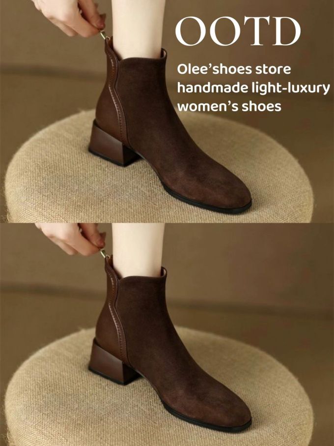 中跟 粗跟 圆头 皮革 拉链 