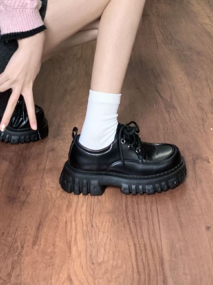 厚底 圆头 系带 皮革 