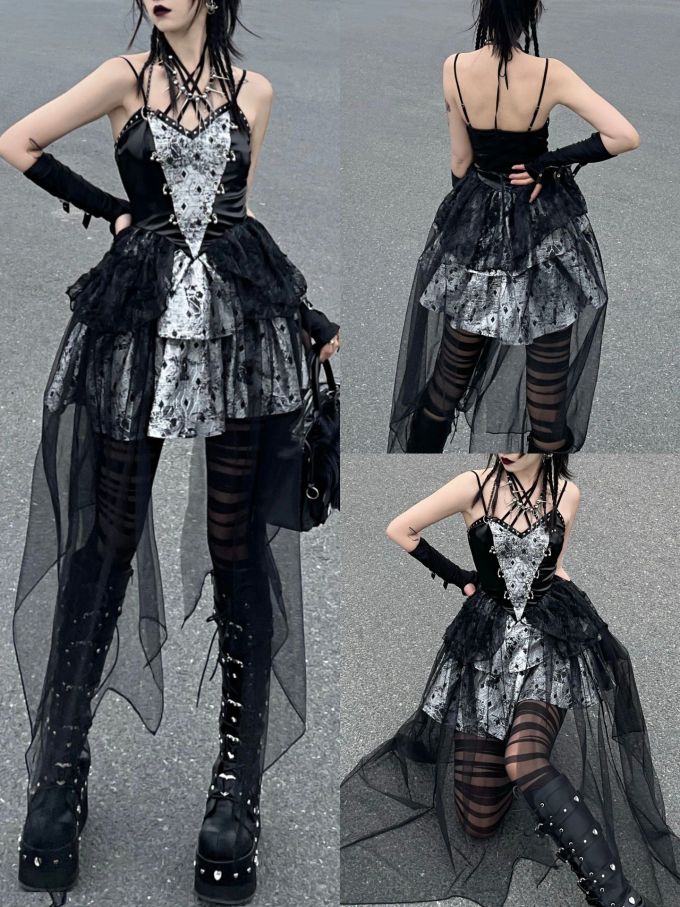 A型 抹胸领 撞色/渐变 层叠 蓝黑色 哥特风 