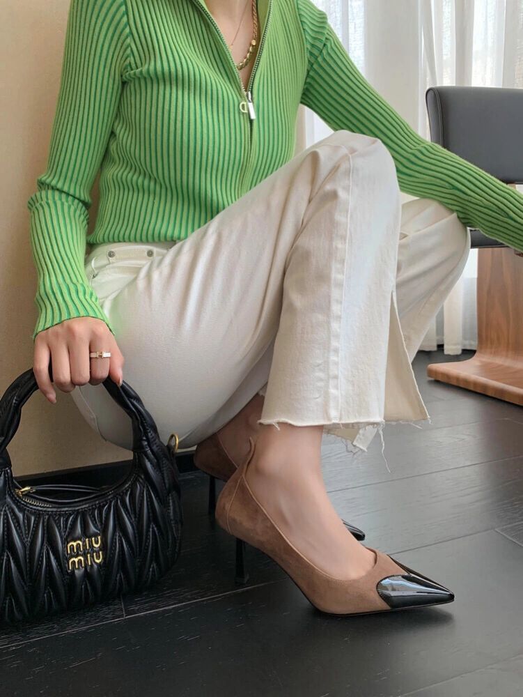 毛纺 V领 细针 针织螺纹 森林绿色 草地绿 仙人球绿 韩系休闲 休闲  - VALI鞋履AI设计主图