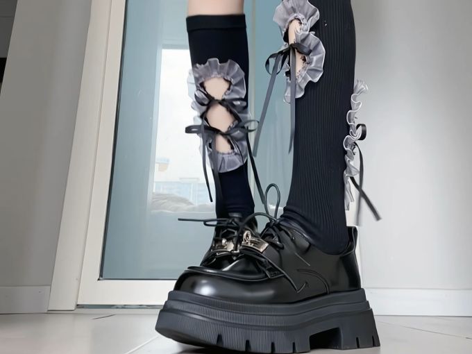 厚底 圆头 系带 皮革 