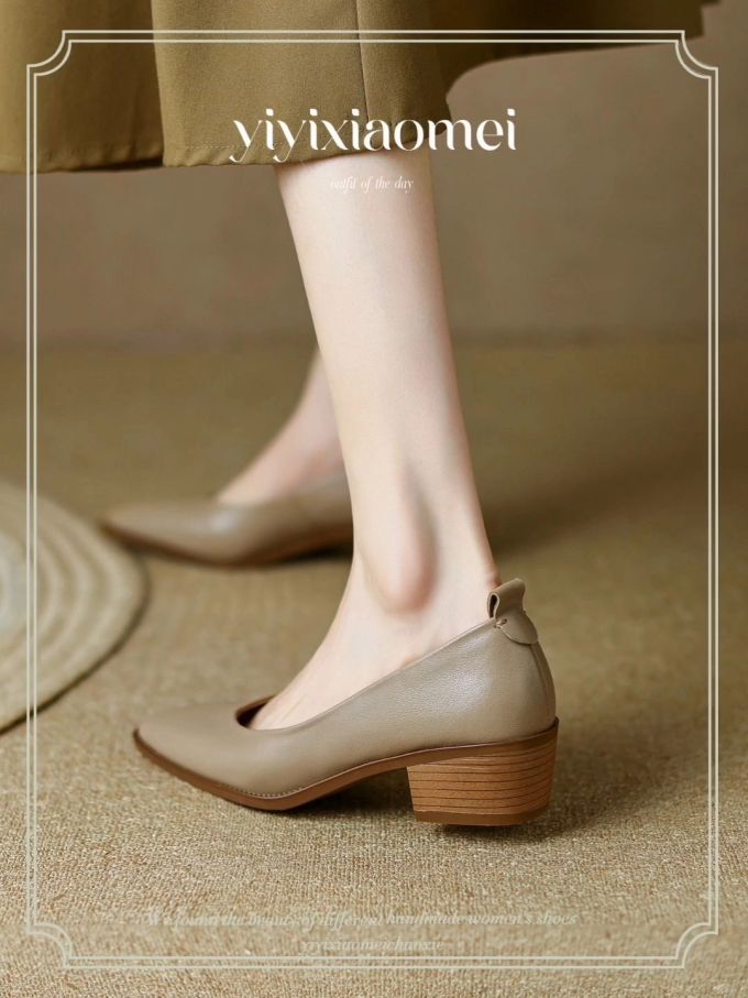 粗跟 低帮 皮革 