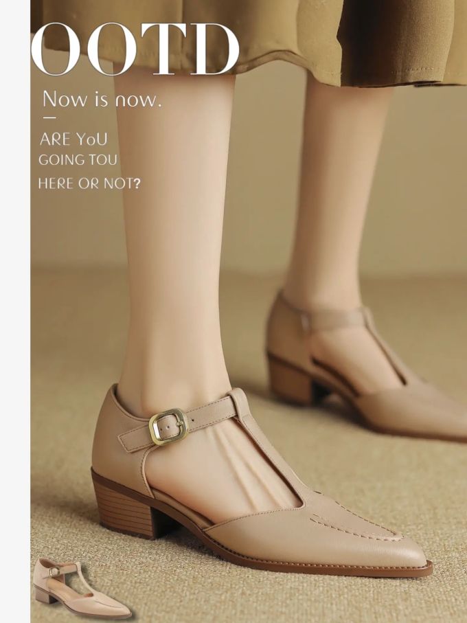 尖头 袢扣 中口鞋 皮革 