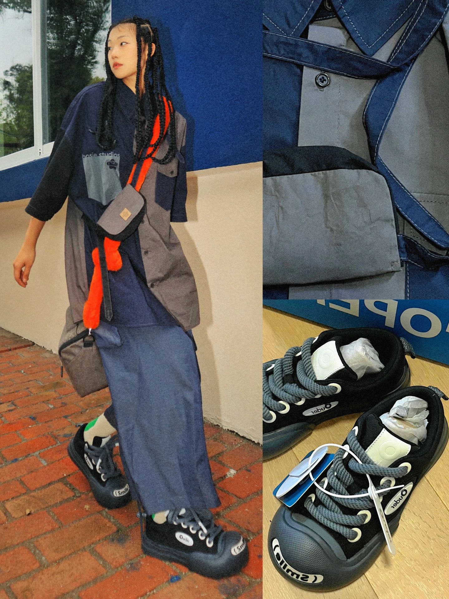 棉麻 H型 文字图案 撞色/渐变 拼接 印花 蓝黑色 基础扣饰  - VALI鞋履AI设计主图