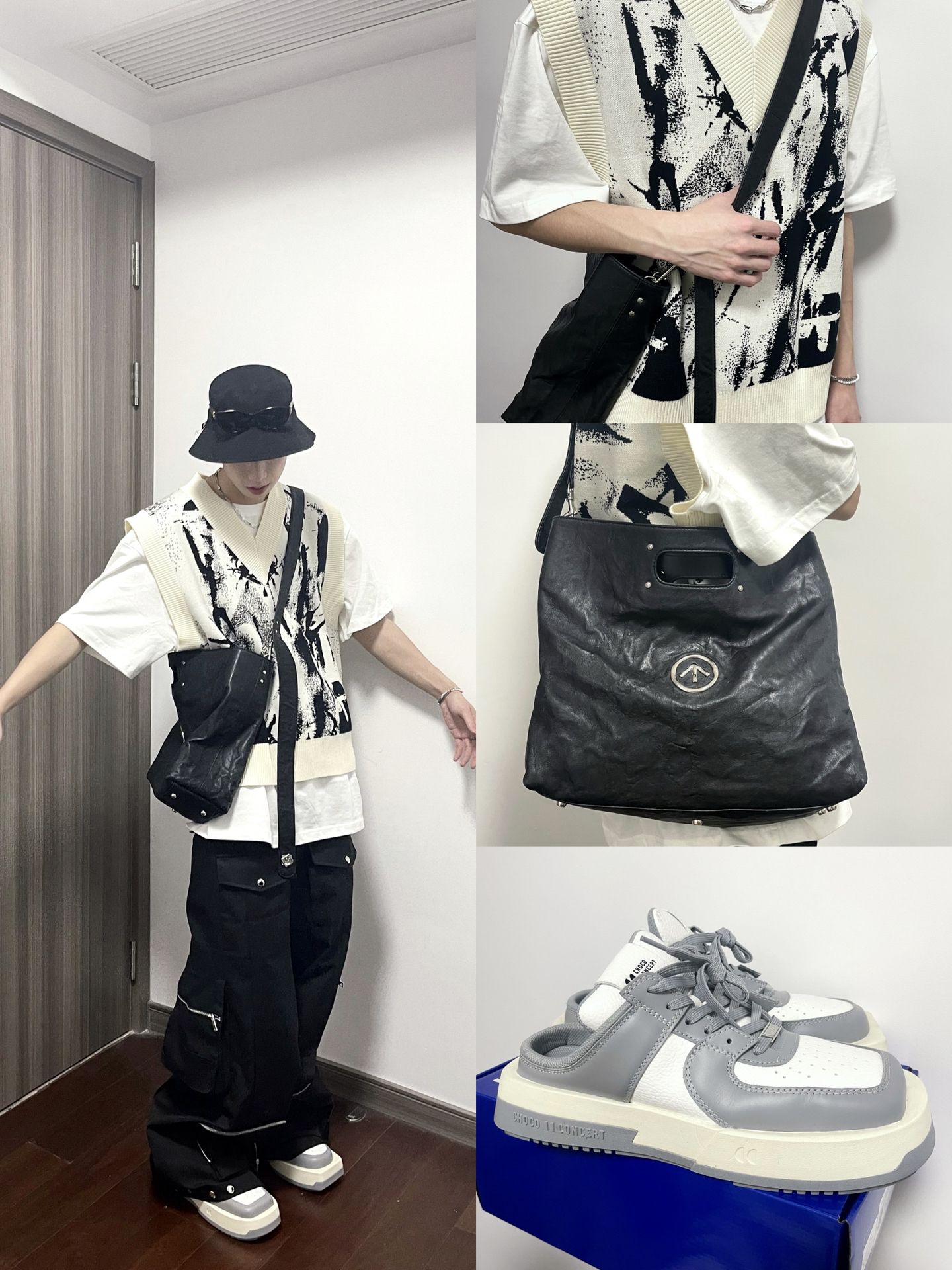 毛纺 H型 V领 撞色/渐变 细针 酱黑色 蒸气灰  - VALI鞋履AI设计主图