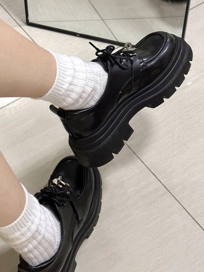 厚底 圆头 系带 皮革 