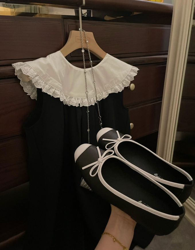 雪纺 圆形领 撞色/渐变 拼接 荷叶边 边缘装饰 踢踏舞鞋色 蕾丝花边 