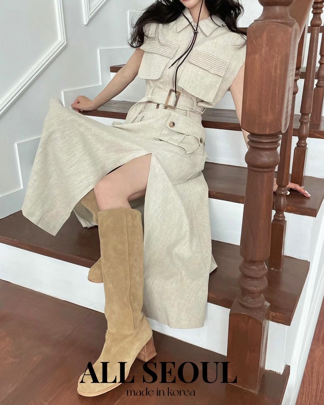 棉麻 A型 V领 开衩 芦笋白 燕麦色 骨白色 基础扣饰  - VALI鞋履AI设计主图