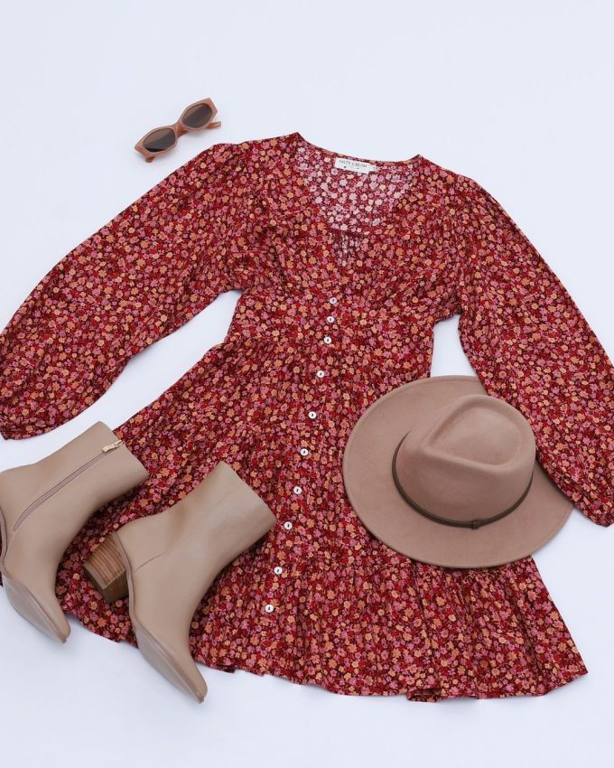 特殊面料 X型 V领 碎花 印花 大丽花红 成品腰带 性感 