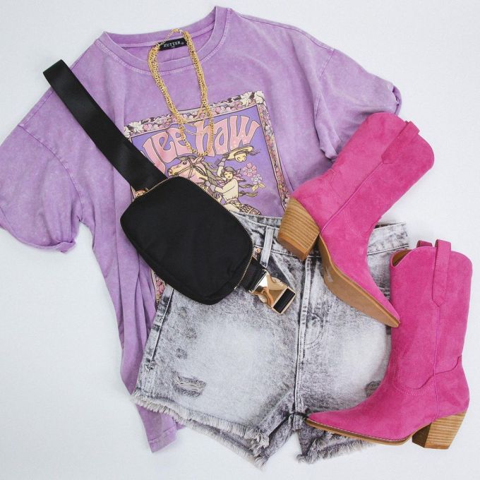 针织面料 H型 圆形领 文字图案 印花 番红花瓣 踢踏舞鞋色 英国薰衣草紫色 