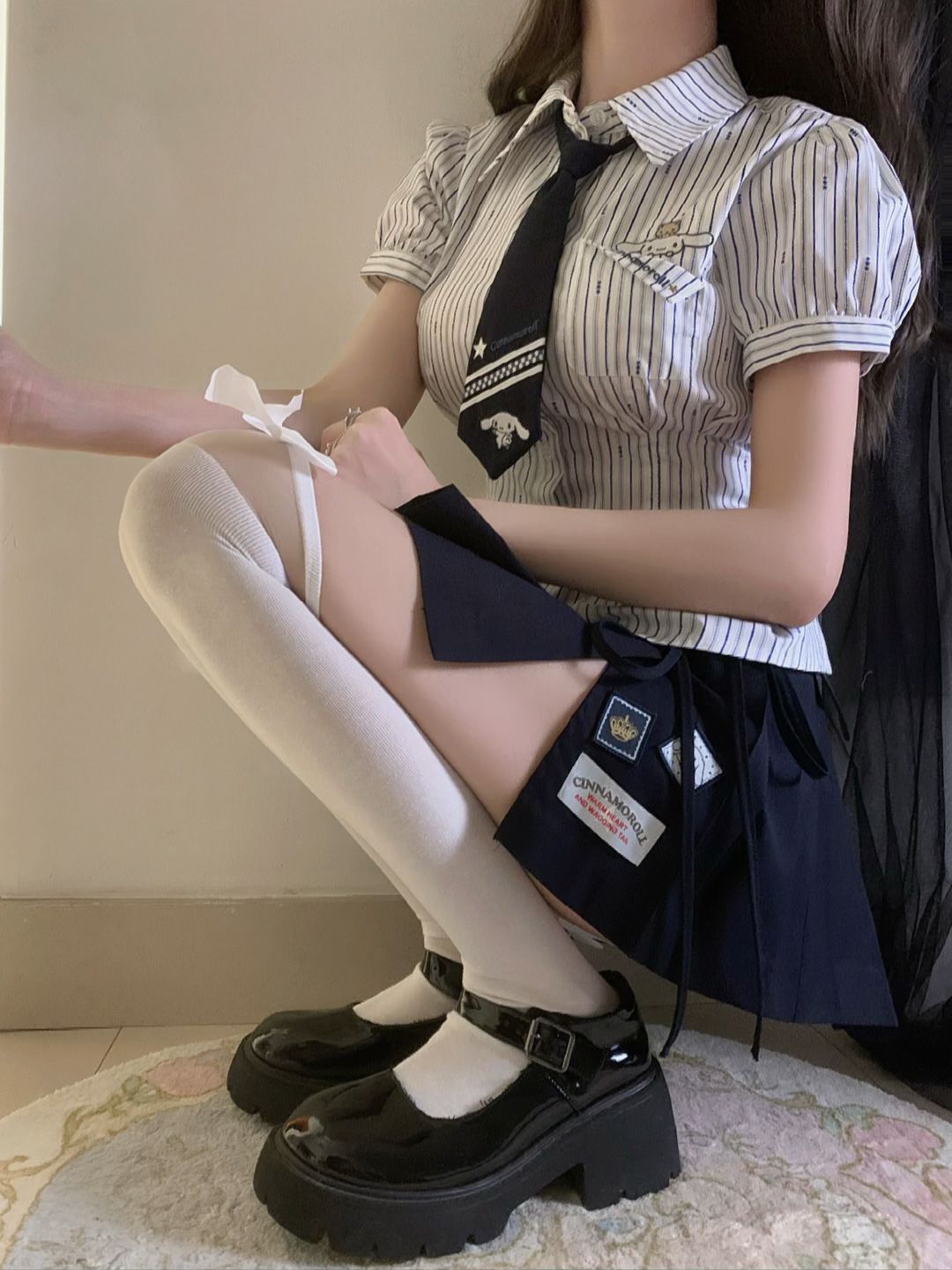 棉麻 衬衫领 条纹/波纹 黑豆色 基础扣饰 甜美  - VALI鞋履AI设计主图