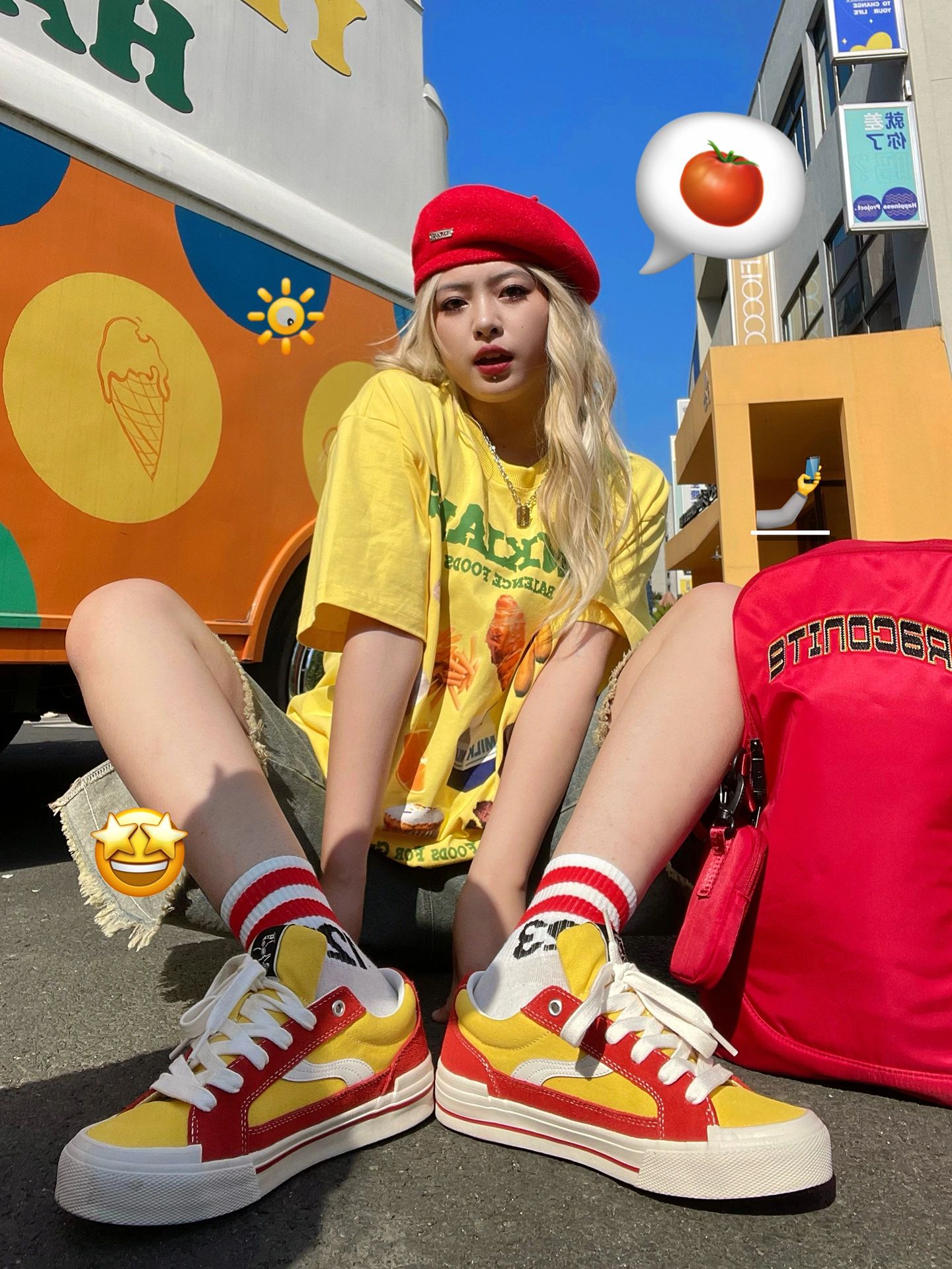 针织面料 圆形领 卡通次元 文字图案 印花 乳黄色 柠檬色 潮牌  - VALI鞋履AI设计主图