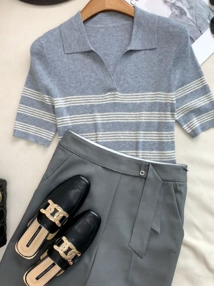 毛纺 polo领 条纹/波纹 细针 暗淡蓝 纪念碑灰 基础扣饰  - VALI鞋履AI设计主图