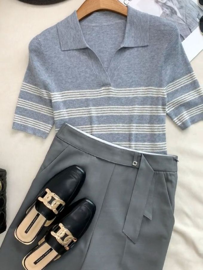 毛纺 polo领 条纹/波纹 细针 暗淡蓝 纪念碑灰 基础扣饰 