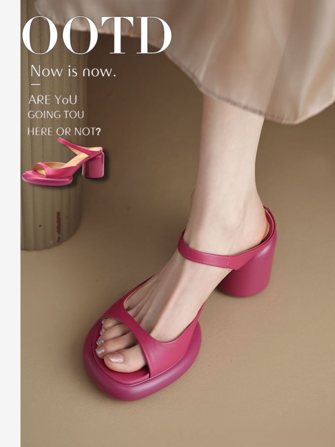 粗跟 无帮 皮革 