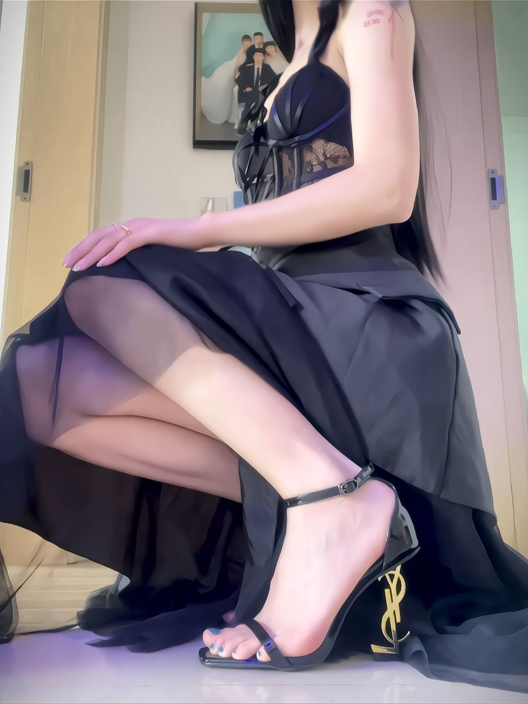 雪纺 A型 抹胸领 拼接 夜蓝色  - VALI鞋履AI设计主图