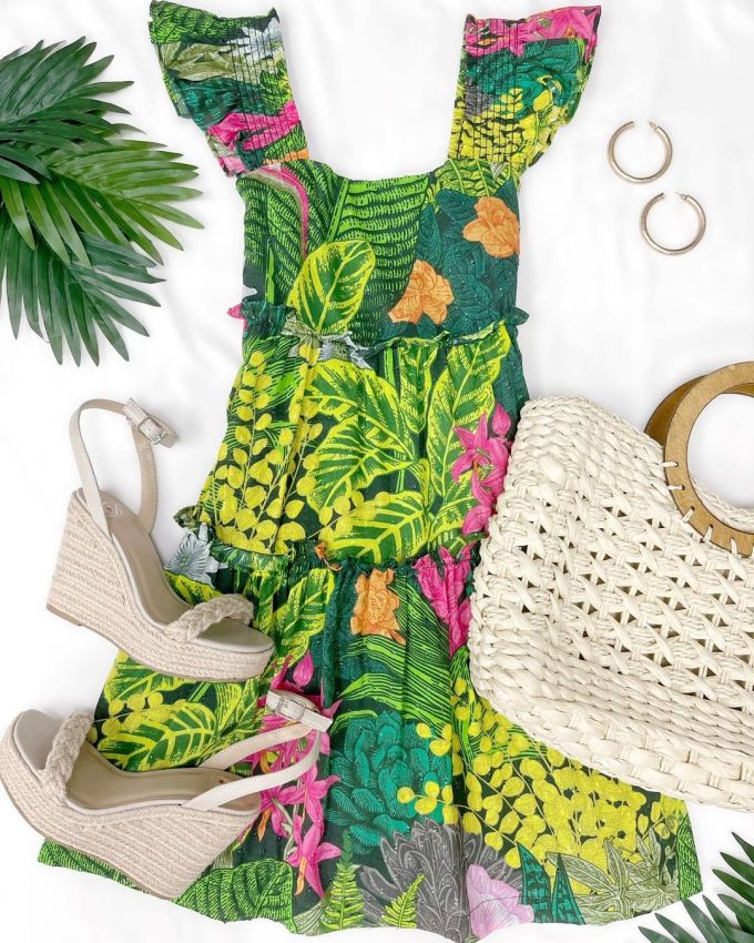 雪纺 X型 方形领 植物/花卉 抽褶 印花 边缘装饰 杜松绿 