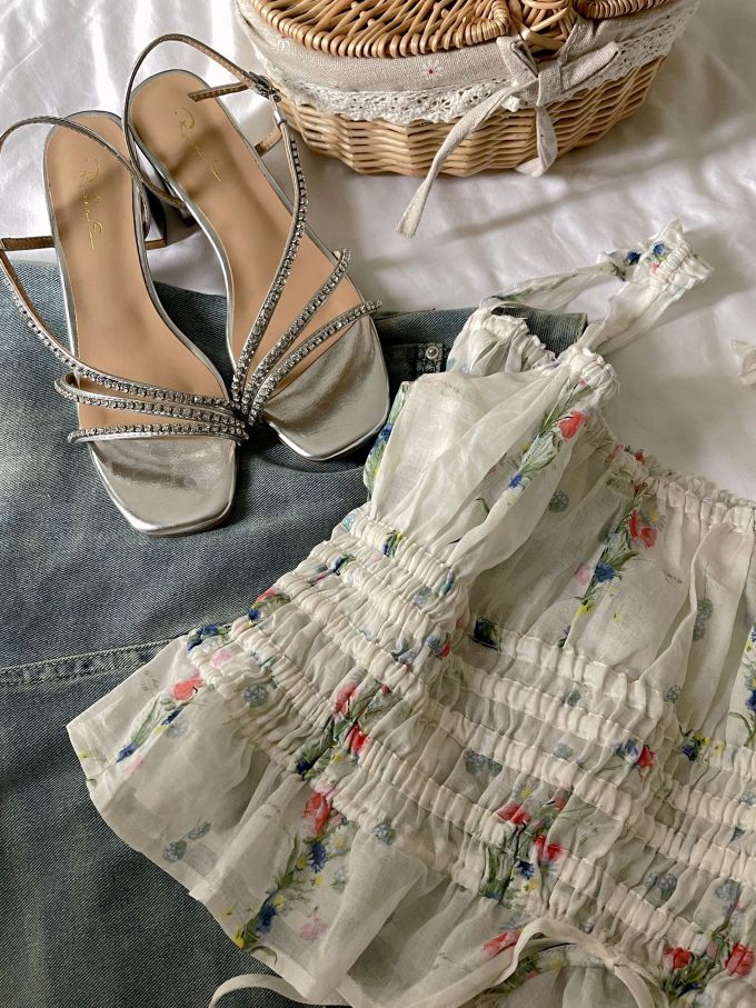 雪纺 A型 植物/花卉 抽褶 打揽 印花 银鼠尾草色 铝灰色 树丛绿 