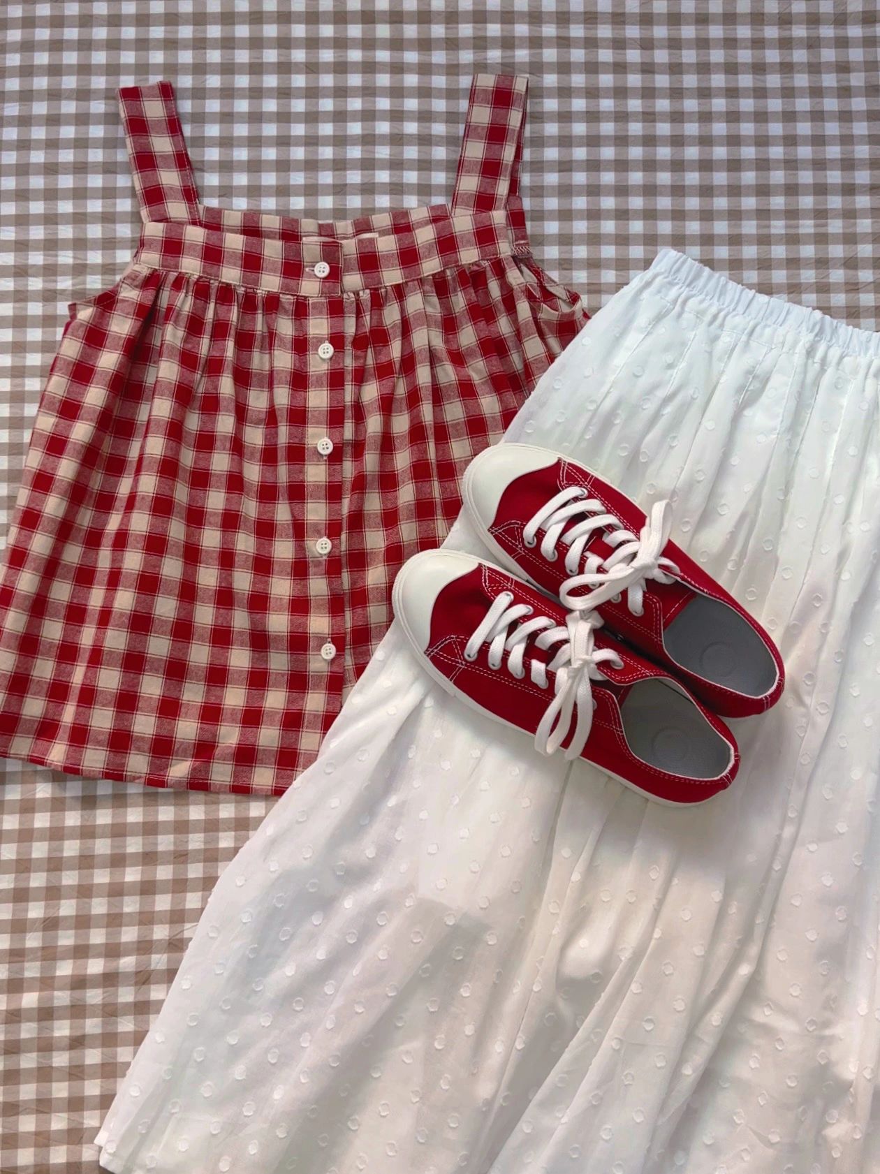 棉麻 H型 方形领 格纹/菱格 高级红 牛皮色 基础扣饰  - VALI鞋履AI设计主图