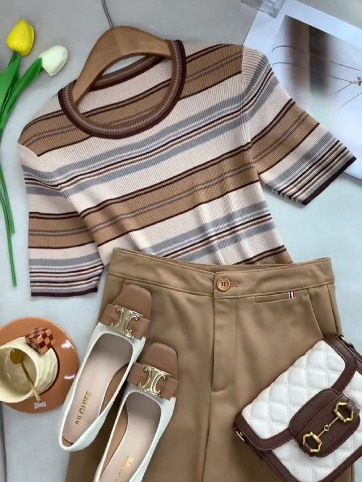 毛纺 圆形领 条纹/波纹 细针 巧克力棕色 可可奶油棕 基础扣饰  - VALI鞋履AI设计主图