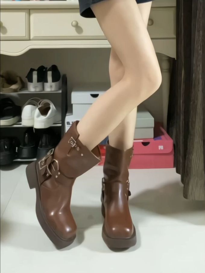 圆头 袢扣 中口鞋 皮革 